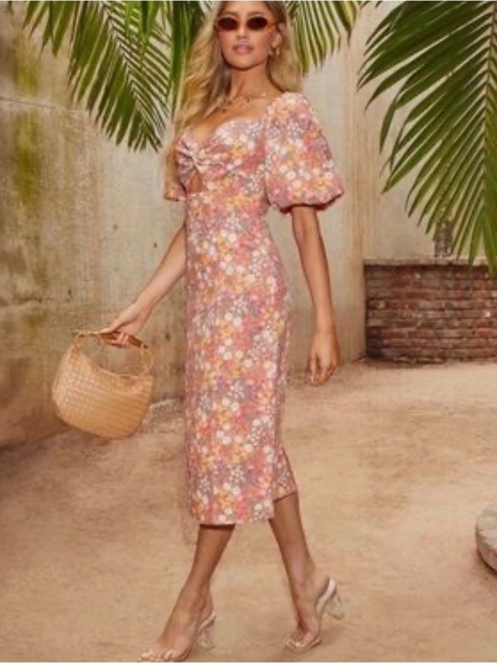 VICI Floral Puff-Sleeve Midi Dress in Dusty Rose - Romantic Women's Size M